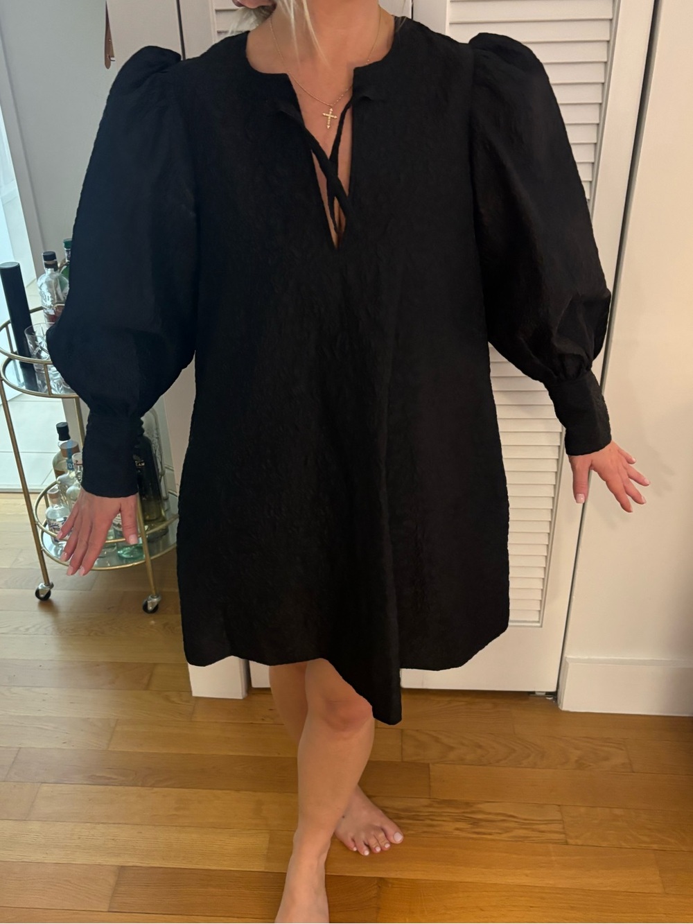 Ganni Black Puff-Sleeve Mini Dress
